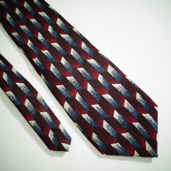 Pierre Cardin Red Blue Cream Abstract Geometric Jacquard Print Wide Silk Tie - Picture 1 of 6